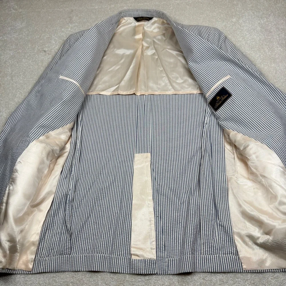 Brooks Brothers Mens 44L Seersucker Blazer Blue White Striped Cotton Sport Coat